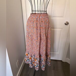 Bohemian Orange and Blue Floral Maxi Skirt with Elastic Waist
